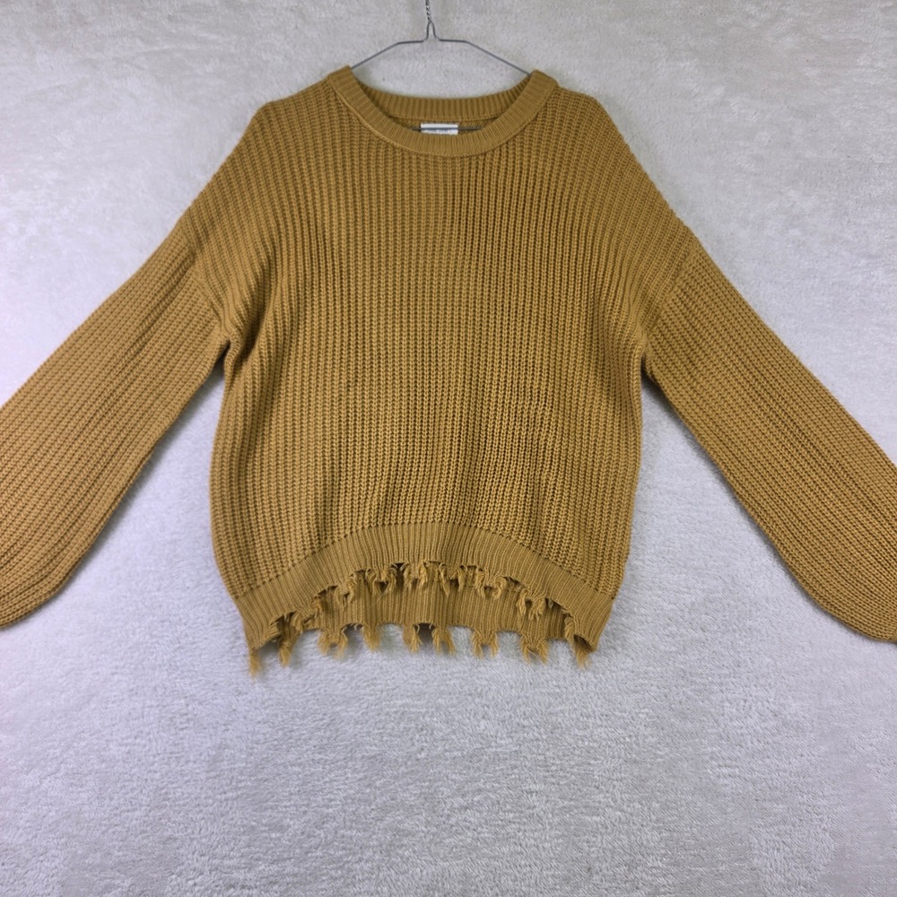 True Craft Womens Large Mustard Yellow Distressed Fringe Shaker Knit Sweater